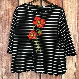 Bob Mackie Black and White Striped Top with Red Floral Design